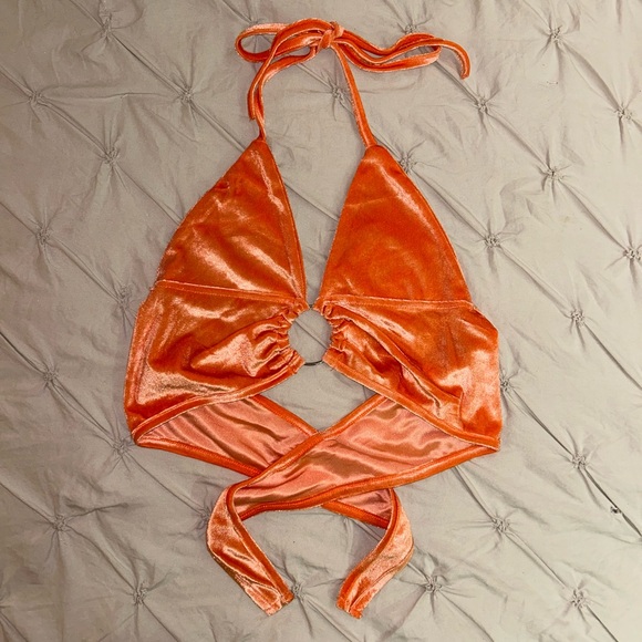 Malianna Tops - Velour Bright Orange Halter Top